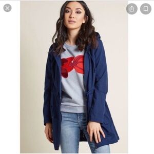 ModCloth Navy Blue Strawberry Print Lining Hooded Jacket Sz L